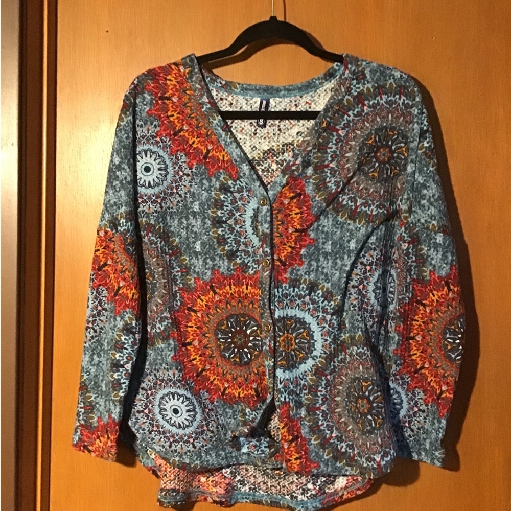 Blue Multi-Print V-Neck Button Front Women’s Top